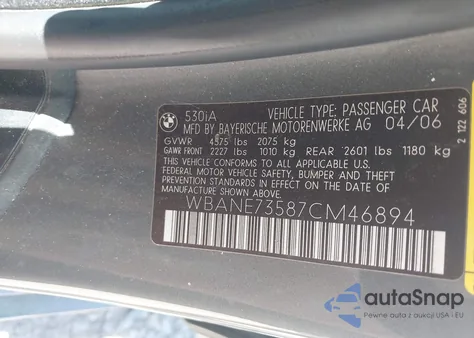 2007 BMW 530I из США, поврежденный, VIN WBANE73587CM46894